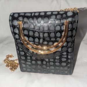 Y&S Handbags Black Croc Embossed Leather Mini Bag with Gold Accent